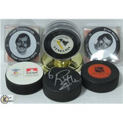 6 OFFICIAL HOCKEY PUCKS INCL JAGR AUTOGRAPH RON