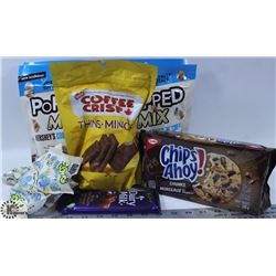BOX WITH CHIPS AHOY, HERSHEYS EGGS, POPPED MIX