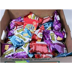 BOX LOT OF MOSTLY CRISPERS, SNACK SIZE CRACKER