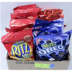 BOX LOT OF ASSORTED MINI RITZ BITES, MINI OREOS &