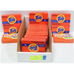 BOX OF TIDE & BOUNCE SINGLE USE DETERGENT & SHEETS