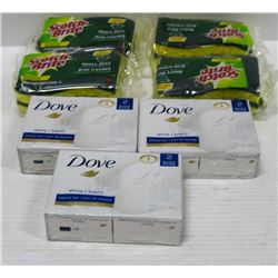 BOX OF DOVE SOAP & SCOTCH BRITE SCRUB SPONGES