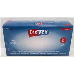 BOX OF 100 SIZE LARGE DISTECH CLEAR VINYL MEDICAL