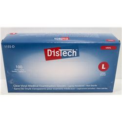 BOX OF 100 SIZE LARGE DISTECH CLEAR VINYL MEDICAL