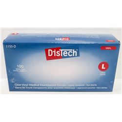 BOX OF 100 SIZE LARGE DISTECH CLEAR VINYL MEDICAL