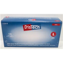 BOX OF 100 SIZE LARGE DISTECH CLEAR VINYL MEDICAL