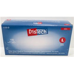 BOX OF 100 SIZE LARGE DISTECH CLEAR VINYL MEDICAL