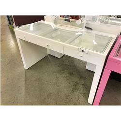 WHITE 3 DRAWER GLASS TOP VANITY, 51" WIDE X 23.5" DEEP X 30" TALL, MIRROR NOT INCLUDED