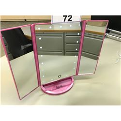 LED LIGHTED TRI-FOLD VANITY MIRROR, ULTRA BRIGHT 21 LEDS, 180 DEGREE ADJUSTABLE, TOUCH CONTROLS,