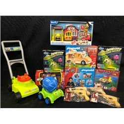 PLAY SETS INC. LAWN MOWER, PLAYMOBIL CITY LIFE SET, RUBBER BAND SHOOTERS, MAGNET GAME AND MORE