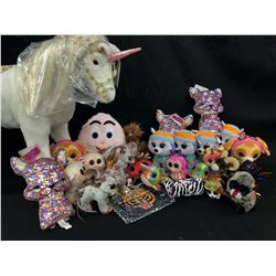 ASSORTMENT OF PLUSH TOYS INC. SOUND AND LIGHT SIT-ON UNICORN, BEANIE BOOS AND MORE