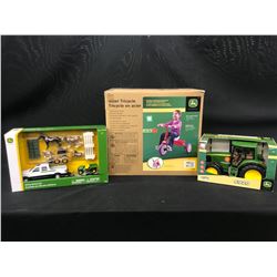 3 JOHN DEERE TOYS INC. TOMY STEEL TRICYCLE, BRUDER 6920 TRACTOR AND TOMY UTILITY VEHICLE SET