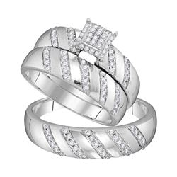 10kt White Gold His & Hers Round Diamond Cluster Matching Bridal Wedding Ring Band Set 1/2 Cttw