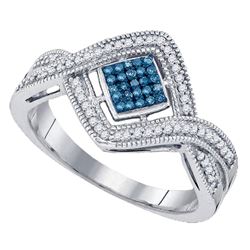 10kt White Gold Round Blue Color Enhanced Diamond Square Frame Cluster Ring 1/6 Cttw