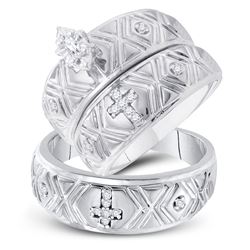 10kt White Gold His & Hers Marquise Diamond Crosses Matching Bridal Wedding Ring Band Set 1/8 Cttw