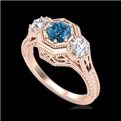 1.05 ctw Intense Blue Diamond Art Deco 3 Stone Ring 18K Rose Gold