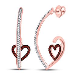 10kt Rose Gold Round Red Color Enhanced Diamond Heart Dangle Earrings 1/4 Cttw