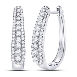 10kt White Gold Round Diamond Oblong Hoop Earrings 7/8 Cttw