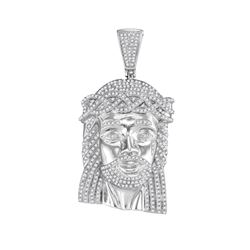 10kt White Gold Mens Round Diamond Jesus Head Messiah Charm Pendant 1-5/8 Cttw