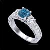 Image 1 : 2.07 ctw Intense Blue Diamond Art Deco 3 Stone Ring 18K White Gold