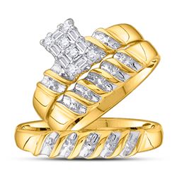 10kt Yellow Gold His & Hers Round Diamond Cluster Matching Bridal Wedding Ring Band Set 1/10 Cttw