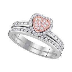 10kt White Gold Round Diamond Rose-tone Heart Bridal Wedding Engagement Ring Band Set 1/4 Cttw