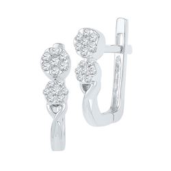 10kt White Gold Round Diamond Flower Cluster Hoop Earrings 1/5 Cttw