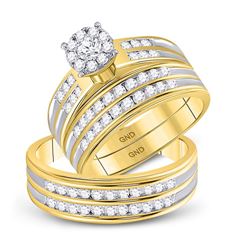 10kt Yellow Gold His & Hers Round Diamond Cluster Matching Bridal Wedding Ring Band Set 1-1/5 Cttw