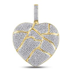 10kt Yellow Gold Mens Round Diamond Fractured Broken Heart Charm Pendant 1-1/2 Cttw