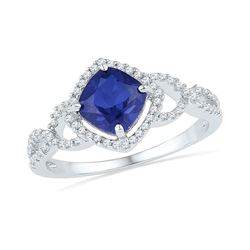 10kt White Gold Princess Lab-Created Blue Sapphire Solitaire Diamond Accent Ring 1.00 Cttw