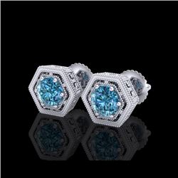 1.07 ctw Fancy Intense Blue Diamond Art Deco Earrings 18K White Gold