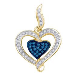 10kt Yellow Gold Round Blue Color Enhanced Diamond Heart Pendant 1/4 Cttw