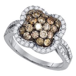 10kt White Gold Round Brown Diamond Quatrefoil Cluster Ring 1-1/2 Cttw