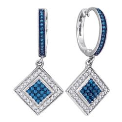 10kt White Gold Round Blue Color Enhanced Diamond Square Dangle Earrings 1/2 Cttw