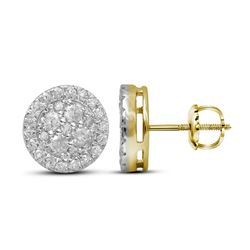 10kt Yellow Gold Round Diamond Framed Flower Cluster Screwback Earrings 1.00 Cttw