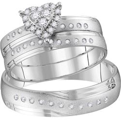 14kt White Gold His & Hers Round Diamond Heart Matching Bridal Wedding Ring Band Set 1/4 Cttw