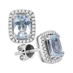 14kt White Gold Cushion Aquamarine Solitaire Diamond Stud Earrings 1-7/8 Cttw