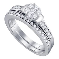 10kt White Gold Diamond Cluster Bridal Wedding Engagement Ring Band Set 1/2 Cttw