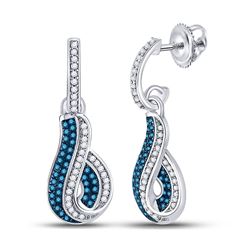 10kt White Gold Round Blue Color Enhanced Diamond Teardrop Dangle Earrings 3/8 Cttw