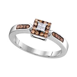 10kt White Gold Round Brown Diamond Square Cluster Ring 1/4 Cttw