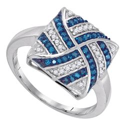 10kt White Gold Round Blue Color Enhanced Diamond Square Stripe Cluster Ring 1/4 Cttw