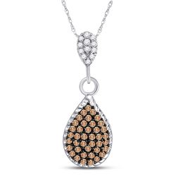 10kt White Gold Round Brown Diamond Teardrop Cluster Pendant 1/4 Cttw