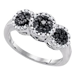10kt White Gold Round Black Color Enhanced Diamond Triple Cluster Ring 1/3 Cttw