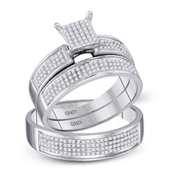 10kt White Gold His & Hers Round Diamond Cluster Matching Bridal Wedding Ring Band Set 1/2 Cttw