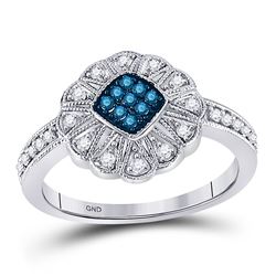 10kt White Gold Round Blue Color Enhanced Diamond Cluster Ring 1/4 Cttw