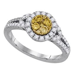 14kt White Gold Round Natural Canary Yellow Diamond Cluster Ring 5/8 Cttw