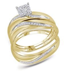 10kt Yellow Gold His & Hers Round Diamond Cluster Matching Bridal Wedding Ring Band Set 1/5 Cttw