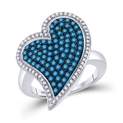 10kt White Gold Round Blue Color Enhanced Diamond Large Heart Cluster Ring 1-3/8 Cttw