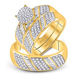 10kt Yellow Gold His & Hers Round Diamond Cluster Matching Bridal Wedding Ring Band Set 1/2 Cttw