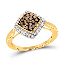 10kt Yellow Gold Round Brown Diamond Diagonal Square Cluster Ring 1/3 Cttw